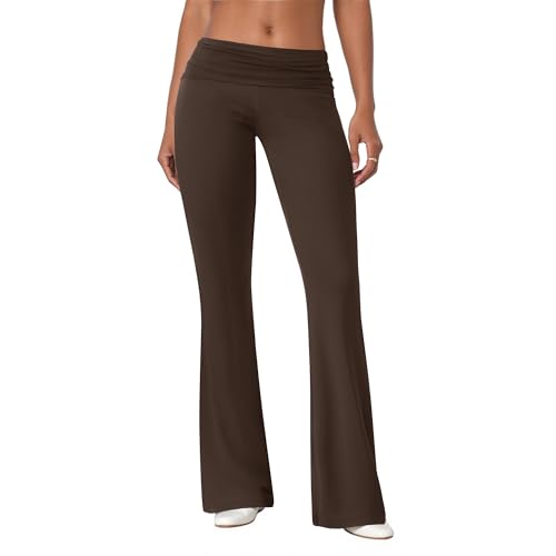 COPYLEAF Flare Leggings for Women Fold Over Yoga Pants Stretch Bell Bottom Y2K Lounge Casual Sweatpants(Brown M)