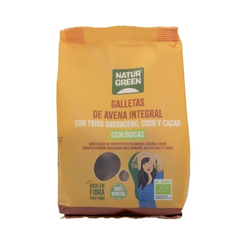 NaturGreen - Galletas Ecológicas de Avena Integral con Trigo Sarraceno, Coco y Cacao Bio, 140 g, Snack Saludable y Vegano, Rico en Fibra, Desayuno y Merienda
