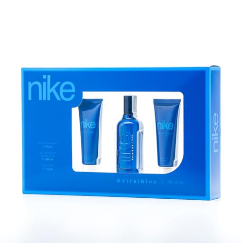 NIKE - Viral Blue Colonia 100 ml + Gel de Baño 75 ml + After Shave 75 ml, Estuche de Regalo Hombre, Eau de Toilette Natural y Masculina, Aroma Cítrico, Fragancia Fresca, Inolvidable y Duradera