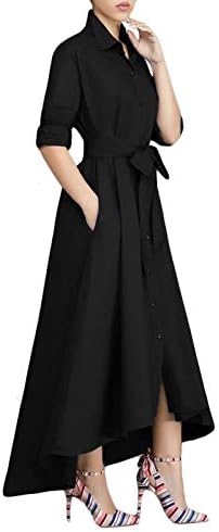 VERWIN Women Long Sleeve Loose Elegant Maxi Dress Button Down Up Shirt Long Dress with Pockets and Belts - Image 2