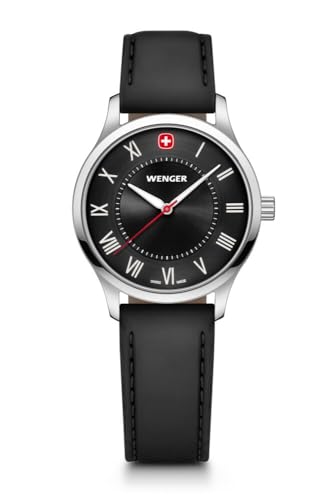 WENGER Damen Armbanduhr City Classic Ø 34 mm, Swiss Made, Analog Quarz, Wasserdicht bis 50 m, Kunstleder-Armband, Schwarz, 01.1421.123