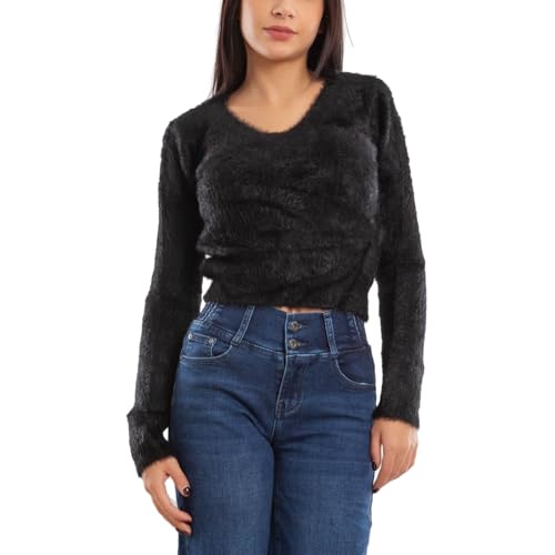 Toocool Pull Femme Poilu Pull Court Bodycon Hiver Col V 9390, Noir , S-M