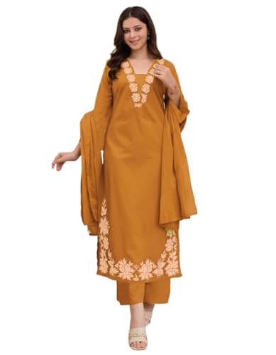 Image of ANNI Designer Pure Cotton Embroidered Kurta Set for Women | Rust Orange Kurta with Pants & Dupatta | Floral Neck & Hem Embroidery | Cotton Kurta Set for Women | 10 Colour Options Available