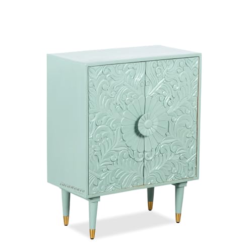 Image of Aerka Wooden Sideboard Cabinet for Living Room | Handcrafted Wooden Cabinet for Storage with Carved Doors | Cabinet for Home | Wooden Storage Furniture for Home | Light Green