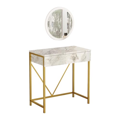 Rebecca Mobili Table console avec miroir, bureau d'entrée, blanc marbre doré, panneau de particules fer verre, avec tiroir, style classique, dimensions HxLxP...