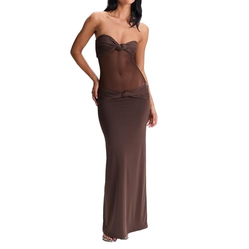 Women Sheer Maxi Dress Detachable Spaghetti Straps Knotted Twist Bodycon Long Dresses Party Cocktail Wear