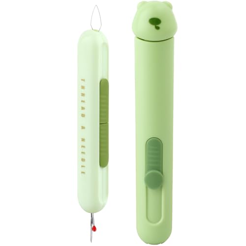 Automatic Needle Threaders Seam Ripper Upgraded 3 in 1 Sewing Needle Threader Tool 2Pcs Stretchable Quick Seam Rippers with Needle Storage for Hand Quilling Embroidery Stitch Removal(Green)