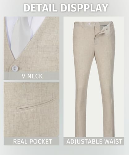 Men's Linen 2 Piece Suit Slim Fit Wedding Groom Groomsmen Summer Vest Shorts Set3