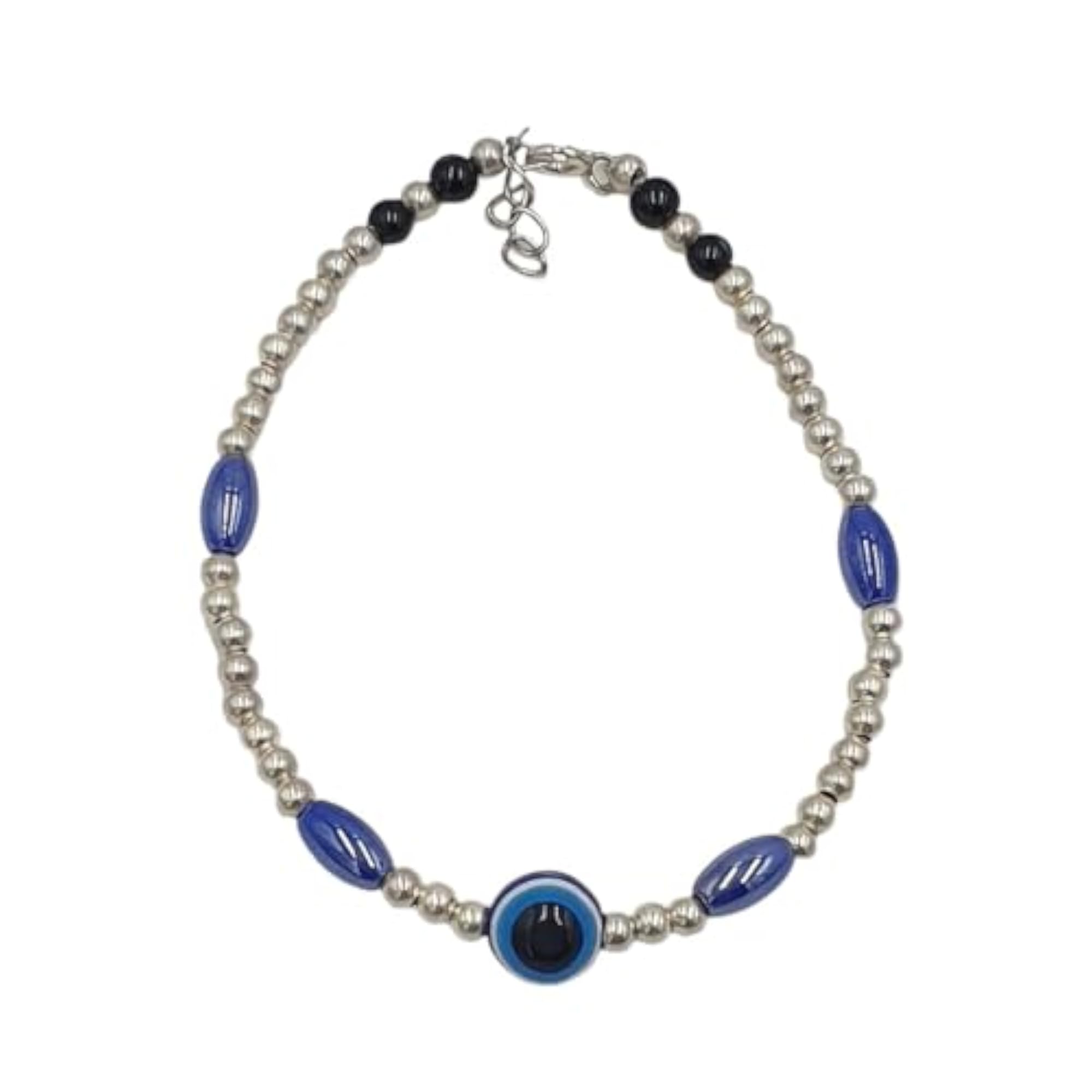 Women's Sterling Silver Nazariya Anklet with Black and Blue Beads