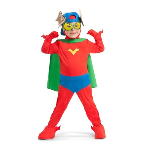 My Other Me - disfraz de Kid Fury para niño con gorra, antifaz, pasamontaña, mono, capa, guantes, brazaletes y cubrebotas en rojo y verde talla 6-7 años. Perfecto para pequeños héroes en acción