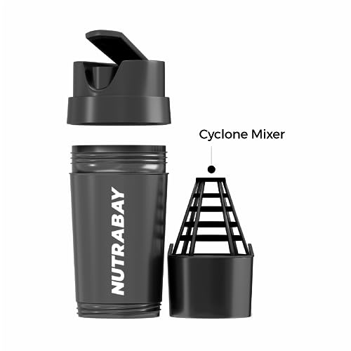 Image of Nutrabay Gym Cyclone Shaker Bottle 500ml with Extra Compartment for carrying Protein Powder & Multivitamin Pills, Ideal for Protein Shake, 100% Leakproof, Food Grade, BPA Free Material Sipper Gym Bottle - 500ml (Black, Plastic)