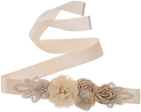 Sash Belt with Flowers Pearls Rhinestone for Wedding Bride/Baby Shower Dress (One Size, Khaki)