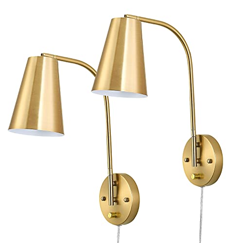 Adcssynd Wall Sconces Set of Two, Plug in Wall Sconces Gold, Modern Wall Lamp with Plug in Cord, 270 Degree Rotating Swing Arm Sconces Wall Lighting for Bedroom, Living Room, Reading Room