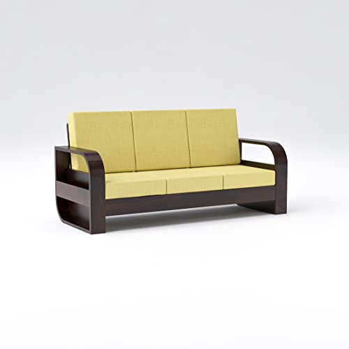 Image of Douceur Furnitures Solid Sheesham Wood 3 Seater Sofas | Three Seater Sofa for Living Room, Cafe, Office | (Walnut Cushion Lime Yellow)