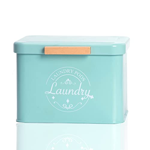 SACREDAY Laundry Pods Holder with Hinged Lid, Farmhouse Space-Saving Metal Container for Laundry Room Decor Organization and Storage, Detergent Dispenser for Efficient Laundry Room Use (Green)