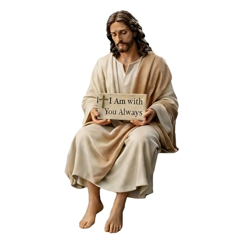 Hobngmuc Estatuilla De Jesús Sentado Pintada A Mano 12cm, Figura De Resina con La Inscripción Yo Estoy con Ustedes Todos Los Días, Decoración del Hogar Inspiradore Basada En La Fe