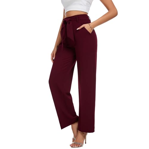 NuNu Yong Women's Casual High Waisted Wide Leg Dress Pants with Pockets and Belt Small Red Plum