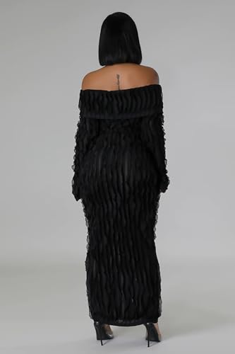Yuopeid Women's Elegant Long Sleeve Off Shoulder Mesh Wavy Ruffle Front Slit Bodycon Maxi Beach Party Cover Up Dress3