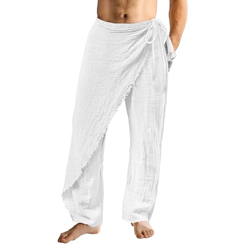 Men's Breathable Cotton Linen Beach Pants Casual Vintage Summer Trousers Loose Fit Solid Outdoor Sweatpants