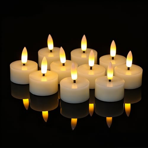 Image of GenSwin Real Wax Tea Lights Candles Battery Operated, Flameless LED Tealights Candles with 6H Timer, 10 Pcs Battery Tea Lights with 3D Flame for Christmas Holiday Home Decor(Ivory, D1.6 inch x H2 inch)