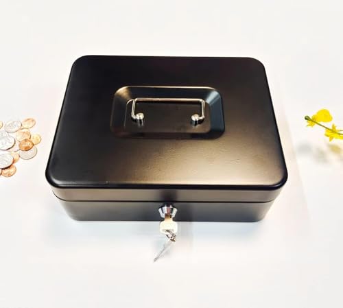 Image of Wosta Cash Money Safe Box - Compact Solid Steel Lockable Security Storage Chest for Loose Money, Coins, Change & Valuables with 2 Keys - Removable Tray with 5 Coin Sections, 1 Bill Section - 8 Inch