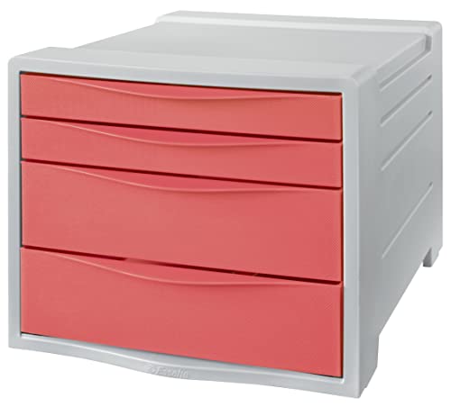 Esselte Drawer Cabinet, 4 Tier Desktop Storage Organiser, Filing Drawers For Papers & Stationery, Home/Office Use, Embossed Pattern, Colour'Breeze Range, Coral, 628457