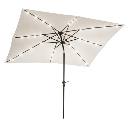 Outsunny Sombrilla Terraza Exterior 268x205x248 cm Sombrilla de Jardín con Techo Inclinable hasta 45° Luces LED Solares Poste de Acero y Manivela Parasol para Patio Terraza Blanco Crema