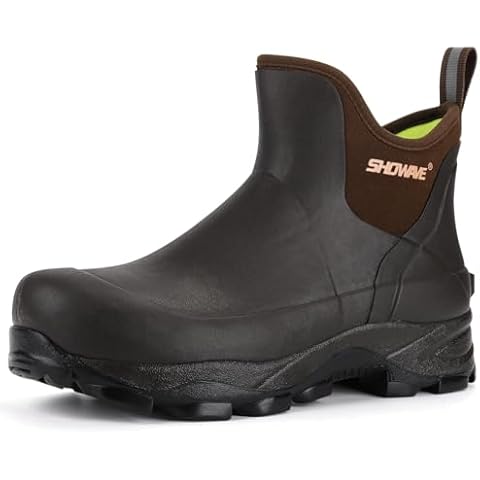 Showave Men's Rain Boots, Rubber Hunting Booties, Waterproof Insulated Mud Boots, Durable Outdoor Garden Boots for Fishing Yard Working (Size 11,Brown) Cover