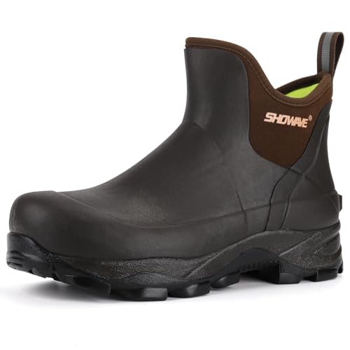 Showave Men's Rubber Boots Waterproof Rain Footwear Durable Short Hunting Boots for Mud Gardening Yard and Chore Working (Size 8,Brown)