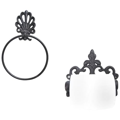 Decorative Toilet Paper Holder Towel Ring, Cast Iron Towel Rack Toilet Roll Holder,Vintage Style Hand Towel Holder Toilet Paper Holder,Bathroom Hardware Set 2 Pieces - Included Screws and Anchors