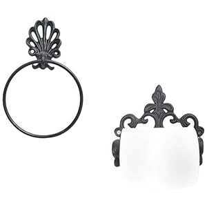 Decorative Toilet Paper Holder Towel Ring, Cast Iron Towel Rack Toilet Roll Holder,Vintage Style Hand Towel Holder Toilet Paper Holder,Bathroom Hardware Set 2 Pieces – Included Screws and Anchors