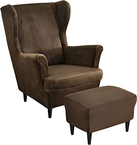 Fundas elásticas de terciopelo para sillón orejero y otomana rectangular en color gris oscuro