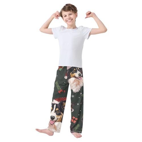 ZZXXB Collie with Xmas Hat Boys Long Pants Soft Trousers Elastic Waist Kids Lounge Bottoms with Pockets S-XL2
