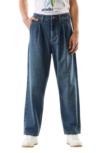 Image of SNITCH Men Jeans | Baggy Fit Wide-Leg Relaxed Style | 100% Cotton Woven Fabric with Button Closure | Casual & Street Wear for All Seasons