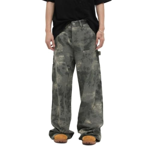 Men's Retro Camo Print Denim Baggy Pants Old Splicing Streetwear Wide Leg Cargo Jeans