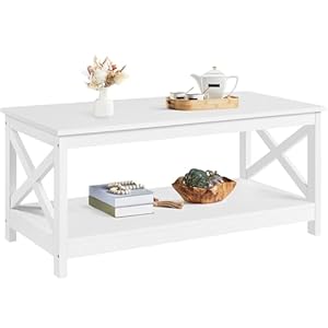 Yaheetech Wood 2-Tier White Coffee Table with Storage Shelf for Living Room, X Design Accent Cocktail Table, Simple Design Home Furniture, 39.5 x 21.5 x 18 Inches