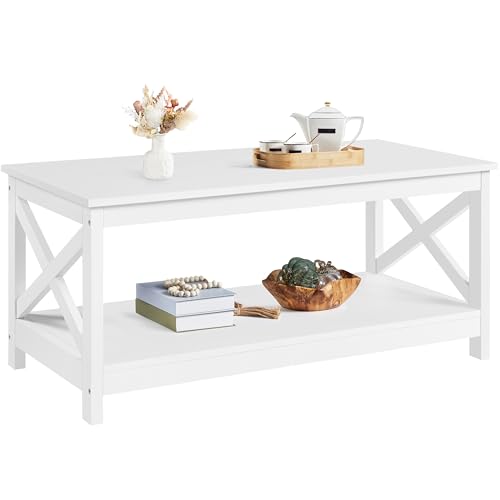 Yaheetech Wood 2-Tier White Coffee Table with Storage Shelf for Living Room, X Design Accent Cocktail Table, Simple Design Home Furniture, 39.5 x 21.5 x 18 Inches