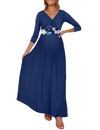 KIM S Maternity Maxi Dress with Flower Sash(S-3XL)/Wrapped Ruched V Neck Photoshoot Baby Shower Dresses, Navy Blue, Small