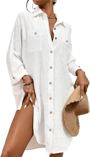 Bsubseach Sommer Strandkeid für Frauen Button Down Strand Shirt Kleid Badeanzug Cover Up V-Ausschnitt Strandponcho Bademode Resort Wear Blauer Weiß...