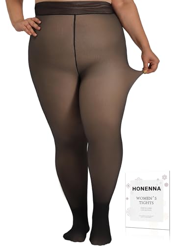 HONENNA Plus Size Fleece Lined Tights, Fake Transparent Curvy Winter Thermal Tights for Women under Dress, medias térmicas, Black-3XL-4XL