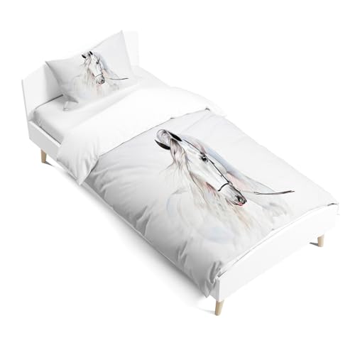 JEFFEL Juego de ropa de cama infantil de 135 x 200 cm, ropa de cama infantil, diseño de animales en 3D, microfibra, muy suave, juego con funda nórdica y funda de almohada (caballo 1, 120 x 150 cm)
