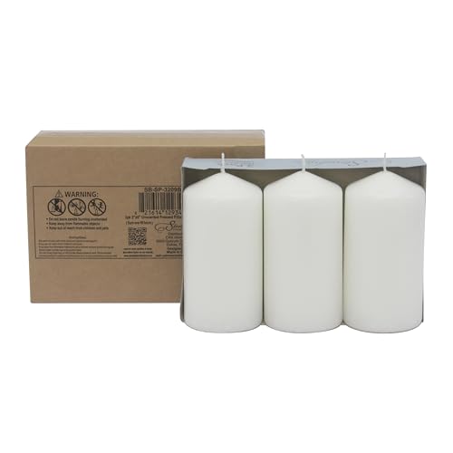 Image of Stonebriar 3 Pack Tall 3 x 6 Inch 65 Hour Long Burning Unscented White Wax Pillar Candles
