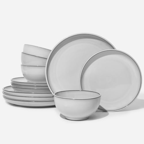 Image of Pokini Stoneware Dinnerware Sets for 4, 12pcs Plates and Bowls Sets Dishes | Reactive Glaze Ceramic Dish Set, Microwave & Dishwasher Safe, Highly Chip and Crack Resistant Dishware sets, Moonstone White