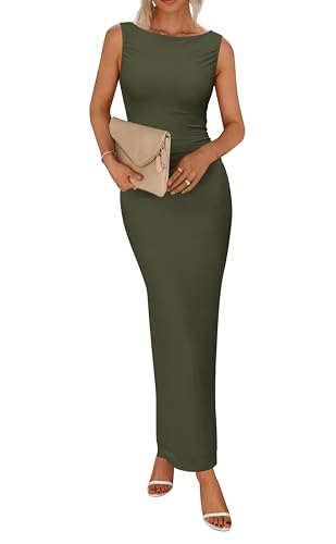 BTFBM Formal Wedding Guest Dresses for Women Summer Fall 2025 Sleeveless Ruched Bodycon Mesh Elegant Maxi Cocktail Dress(Army Green, Small)