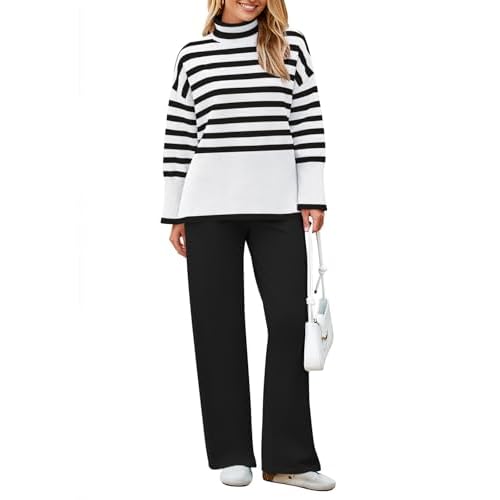 Pink Queen Lounge Sets For Women Two Pieces Long Sleeve Striped Sweater and Wide Leg Pants Tracksuit White X-Large