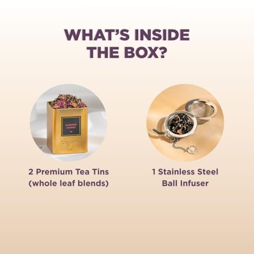 Image of CHAYAM Tea Gift Set with Infuser | 2 Loose Leaf Tins - Kashmiri Kahwa & Ginger Lemongrass (50g Each) | Soothing Green & Herbal Fusion | Tea Gift Pack for Tea Lovers | Wedding, Anniversary & Birthday Gift