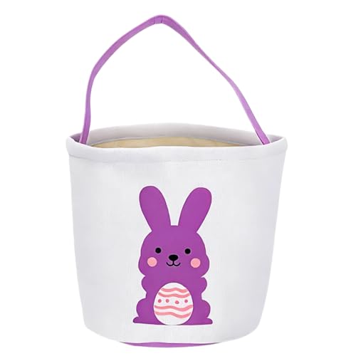 Image of Easter Bunny Basket Bag for Kids, Canvas Cotton Egg Hunt Tote with Rabbit Print, Bunny Gift Bag for Boys and Girls, Lightweight Reusable Candy and Egg Holder, Multiple Colors (bunny Basket - Purple)