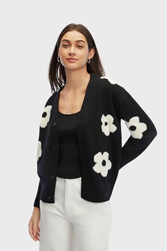 V Neck Cardigans for Women Trendy Button Down Knitted Floral Womens Cardigan Sweaters Loose Fall Winter Outfit Black3