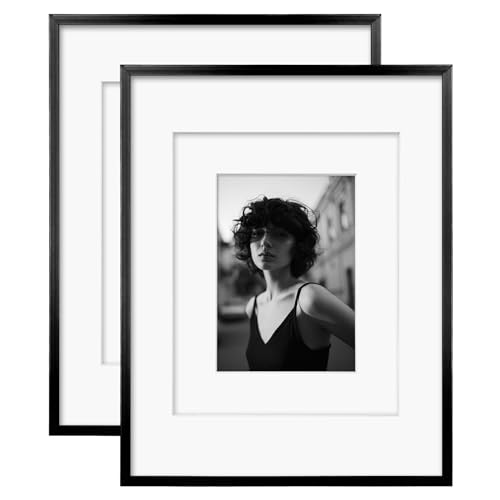 Egofine 11x14 Aluminum Picture Frame Display with Mats for 5x7/8x10 or 11x14 without Mat, Metal Picture Frame Covered by Plexiglass for Tabletop and Wall Mounting, 2 Pack, Black