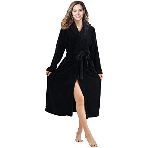 RONGTAI Womens Bathrobe Ladies Fleece Plush Warm Long Robes, Black, Small Cover